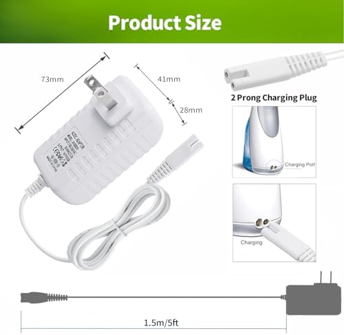 Charger Replacement for Waterpik Water Flosser WP360 WP360W WP450 WP450W WP462 WP462W, Waterpik Water Flosser Replacement Adapter Power Cord (5ft, White)