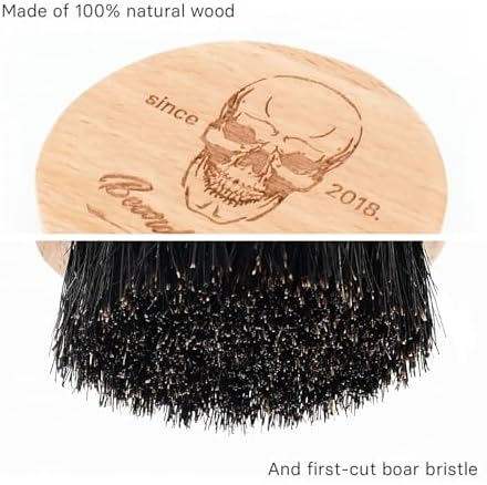 Small and Round Beard Brush, Pocket Travel Men's Wooden Boar Bristle Hair Beard Mustache Brush for Men (Skull)