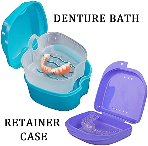 Denture Bath Case Cup with Denture Cleaner Brush & Retainer Holder Box, Complete Clean Care for Dentures, Clear Braces, Mouth Guard, Night Guard & Retainers,Traveling (Blue)