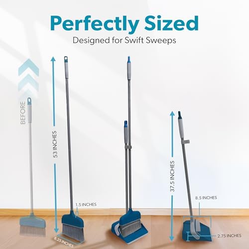 BLACK+DECKER Butler Broom & Dustpan Set - Stand-Up Design - Lightweight, Space-Saving Combo for Kitchen, Living Room, Bathroom, Lobby Floors - Home Cleaning Essential, Ocean Blue