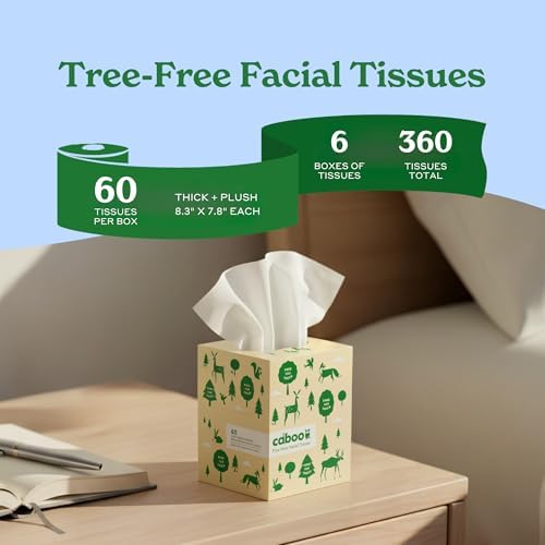 Caboo Tree Free Facial Tissue Paper, Tissue Box with 60 Sheets Per Cube, Total of 6 Cubes, 360 Total Tissues