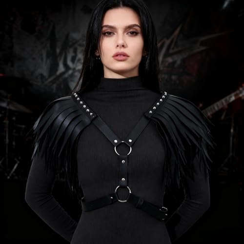 PURFUN Women Punk PU Leather Tassel Shoulder Harness Belt Gothic Black Fringed Body Harness Belt Adjustable Sexy Nightclub Rave Roleplay Cosplay Halloween Costume Chest Chain Body Chain Jewelry