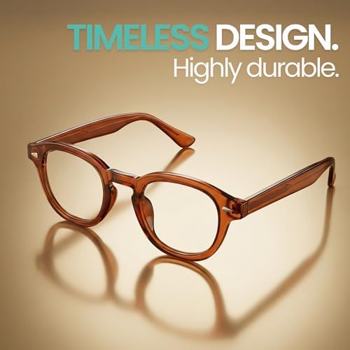 2SeeLife Brown Round Premium Clear Frame Reading Glasses – Solid & Sturdy Frame Blue Light Retro Readers for Men & Women with Spring Hinges & Scratch-Resistant Lenses, Strength 1.75
