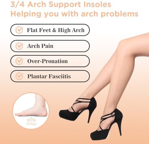 3/4 High Heel Cushion Insoles, Self-Adhesive Arch Support Inserts for Flat Feet and Arch Pain Relief, Gel Shoe Inserts for Sandal, Flats and High Heels (2 Pairs, Beige+Black, Women's 5-8.5)