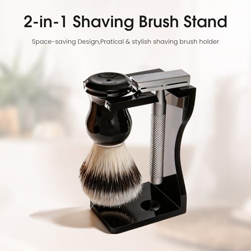 Keropy 2-in-1 Shaving Brush and Razor Stand, Black Acrylic Durable Razor Holder, One-Piece Shave Brush Stand, Safety Razor Stand for Men, Universal Bathroom Storage Organizer, Grooming Gift for Men