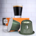 Fresh Roasted Coffee, USDA Organic Peru WP Half-Caf Espresso Pods for Nespresso OriginalLine | 3rd Party Tested for Pesticides, Mold, Mycotoxins | Kosher | 10 Recyclable Aluminum Capsules