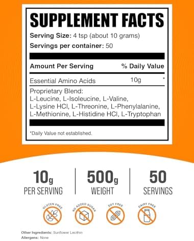 BulkSupplements.com Essential Amino Acids Powder - Essential Amino Acids Supplement, EAA Powder - Unflavored & Gluten Free, 10g per Serving, 500g (1.1 lbs) (Pack of 1)