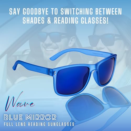 proSPORT Reader Sunglasses Blue Mirror Lenses Full Magnification Outdoor Horn Rim Golf Driving No Bifocal Line +100 to +400