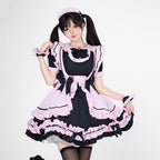 5pcs Pink Black Maid Outfit Set Bow Maid Princess Dress Lolita Dress Anime Cosplay Costume for Women