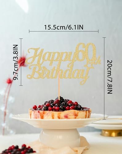Happy 60th Birthday Cake Topper - Glitter Gold Sixty Birthday Cake Decorating Supplies, 60th Anniversary/Cheers to 60 Years/ 60 Fabulous (Happy Birthday 60th)