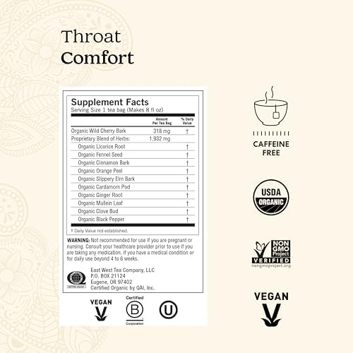 Yogi Tea - Throat Comfort (6 Pack) - Soothes the Throat with Wild Cherry Bark, Licorice Root, Mullein, and Ginger - Caffeine Free - 96 Organic Herbal Tea Bags
