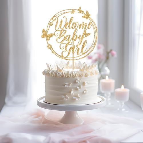 Welcome Baby Cake Topper, Baby Shower Cake Decorations - It's a Girl, Baby's 1st Birthday Party Decorations (Gold Glitter)