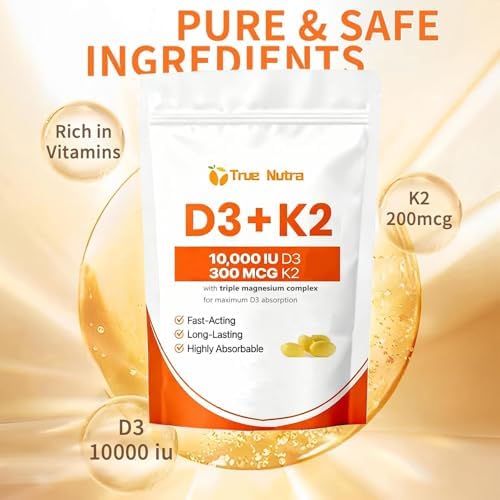 D3 K2，Vitamin D3 K2 10,000 IU Magnesium Supplement, Non-GMO, Gluten-Free,Supports Immune & Energy, 300 Coconut Oil Softgels