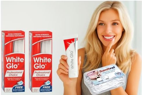 White Glo Extra Strength Whitening Toothpaste Professional Choice 100ml - 2 Packs with Sanitral 50 Pcs Dental Floss Stick Included as a Gift