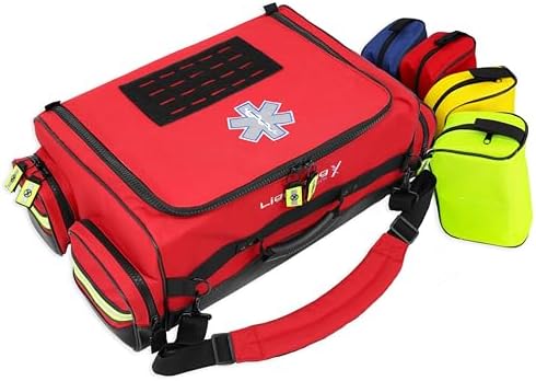 Lightning X Fully Stocked X-Tuff Modular Oxygen Trauma Bag w/Removable Organizer Pouches for EMS/EMT + First Responder - Red