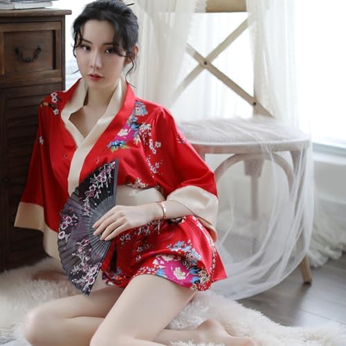 SIQITECHNO Womens Floral Kimono Bathrobe Mini Dress Nightgown Nightwear Japanese Short Yukata Sleepwear Outfit Belt Lingerie