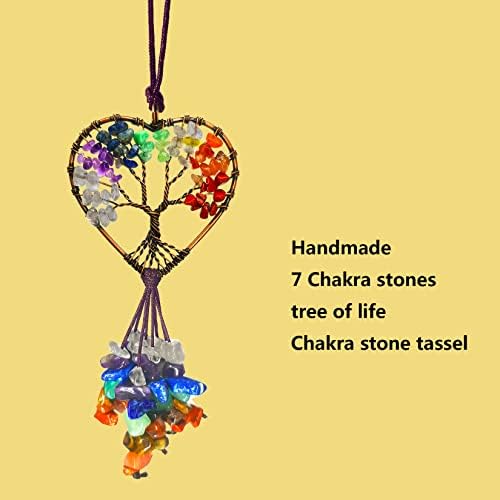 Handmade Cute Boho Tree of Life Chakra Stones Car Mirror Hanging Accessories for Women and Men,7 Chakras Healing Crystal Car Rear View Mirror Hanging Charm and Wall Door Windows Decor