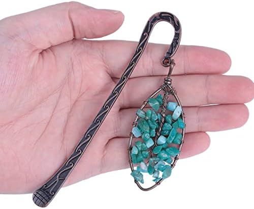 Handmade Tumbled Gemstones Antique Copper Metal Bookmark Chakra Healing Crystals Tree of Life Charm, Amazonite