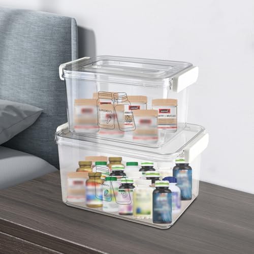 3 Pack Supplement Bottle Organizer with Travel Pill Organizer, Clear Plastic Vitamin Pill Bottle Organizer with Lid & Handle, Stackable First Aid Box Empty for Medicine, Fish Oil, Supplements