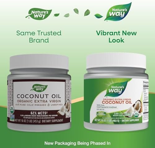 Nature's Way USDA Organic Extra Virgin Coconut Oil, Organic Virgin Coconut Oil, Pure, Cold-Pressed, Hexane Free, Gluten Free, Contains 62% MCTs, Non-GMO Project Verified, 16 Oz (Packaging May Vary)