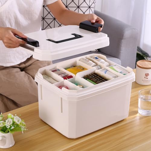 Zerodeko 1PC Medicine Case Medicines First Aid Box Organizer Portable Medicine Organizer Empty Medicine Kit Emergency Medicine Cabinet Storage Container Multi-Layer White Lock Box Medium Size