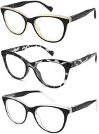3-Pack Blue Light Blocking Reading Glasses for Women Spring Hinge, Full Frame Cat Eye Readers