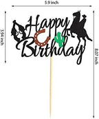 Cowboy Happy Birthday Cake Topper, Little Cowboy Cake Topper Boot Shooting Western Theme Cake Decorations Black Glitter Decors for Kids Boy Men Birthday Party Supplies
