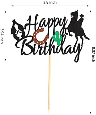Cowboy Happy Birthday Cake Topper, Little Cowboy Cake Topper Boot Shooting Western Theme Cake Decorations Black Glitter Decors for Kids Boy Men Birthday Party Supplies