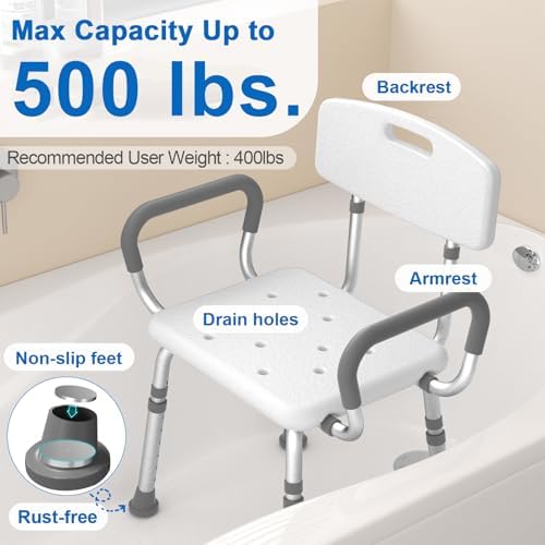 HOMLAND Shower Chair for Inside Shower with Arms and Back, 500 lbs Heavy Duty Shower Seat for Bathtub, Height Adjustable Safety Bath Seat for Elderly, Adults, Handicap and Disabled, White