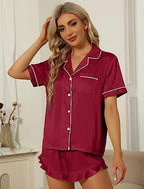 SAPJON Satin Silk Pajamas for Women 2Pcs Ruffle Notch Collar Sleepwear Button Down Short Sleeve Shorts Pjs Set Loungewear