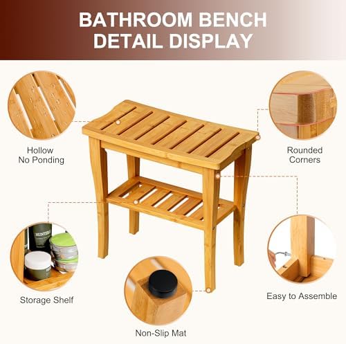 Bamboo Shower Bench Stool with Storage Shelf, Waterproof Shower Chair Spa Bath Seat, Shower Stool for Inside Shower, Bathroom Bench Seat for Adults Elderly Seniors for Indoor or Outdoor Use