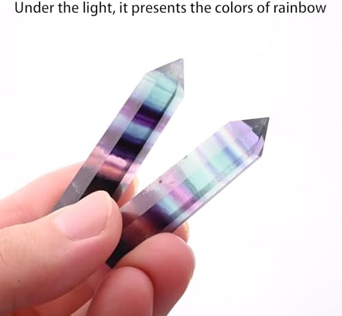 WHAL&YUNE Gemstone Wands 1PC, Rainbow Fluorite Hexagonal Wands Gemstone Tower, Natural Hand Carved Pointed Stone Fluorite Crystal for Meditation, Home Decor-3"-3.5"(8-9cm)