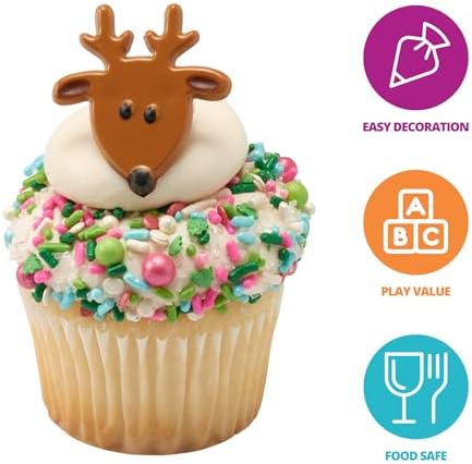 DecoPac Reindeer Face Cupcake Rings, 24 Christmas Cupcake Toppers For Festive Parties & Celebrations, Food Safe Cake Toppers – 24 Pack