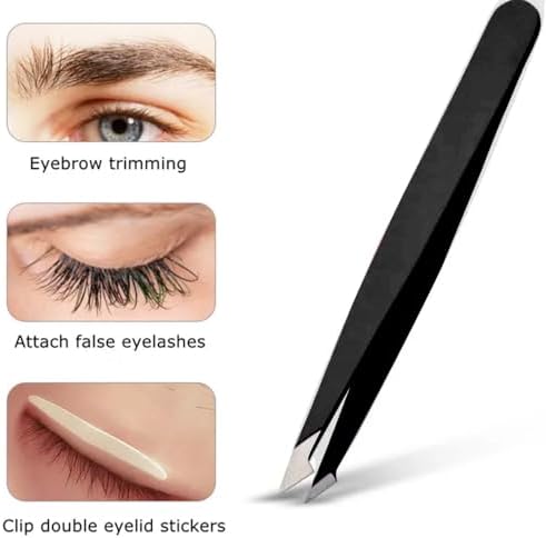 1pcs Black Precision Slanted Stainless Steel Tweezer for Eyebrows, Facial Hair, and Ingrown Hair