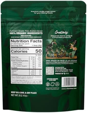 U Chocolate Organic Roasted Cacao Nibs, Unsweetened Superfood – Fresh from our Farm – Vegan, Allergen-Free, Single-Origin Keto Snack & Topping – 16 oz