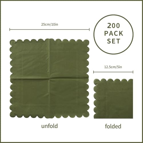 200 Pack Cocktail Napkin 2-Ply Scalloped Edged Dessert Napkins Folded 5 x 5 Inches Disposable Napkins for Dinner Wedding Birthday Party Bridal Anniversary Reception Event (Green)