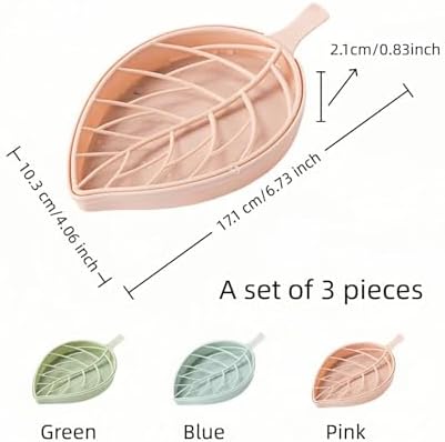 Leaf-Shaped Soap Dish Set, 2-Tier Soap Holder Drain Rack, Leaf Design - No Drill Wall Mount, Detachable Bathroom Organizer for Shower Sink (Pastel Green/Blue/Pink)