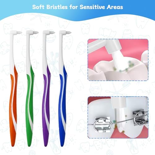 4-Pack Tuft Toothbrushes for Orthodontic Care, Interspace Tufted Brush with End-tuft Tapered Design, Soft Trim Bristles for Braces, Bridges, and Wisdom Teeth Gap, Dental Health Oral Care Tools