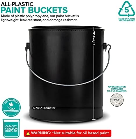 1 Gallon Plastic Paint Bucket (Black) - Triple Lock Airtight Seal - Minimizes Skimming - Rust Proof - Odor & Chemical Resistant - 128 Fl Oz All-Plastic Paint Can with Metal Handle - Stock Your Home