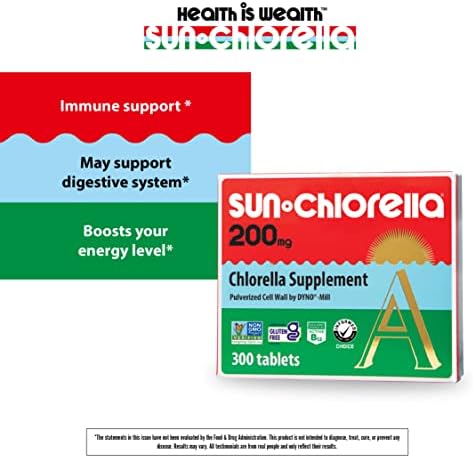 Sun Chlorella 200 mg Green Algae Superfood Supplement - Pulverized Cell Wall - Chlorophyll, CGF, Active B12, Iron, Protein - Non-GMO - 300 Tablets