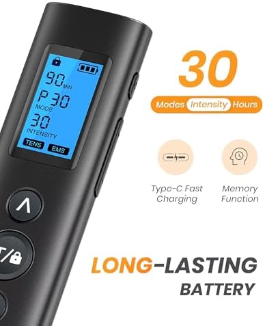AVCOO 30 Modes TENS EMS Unit Compact Muscle Stimulator for Pain Relief of Back, Shoulder, Neck, Rechargeable & Portable Dual Channel EMS Muscle Stimulator with 30 Intensity Levels, 12 Electrode Pads
