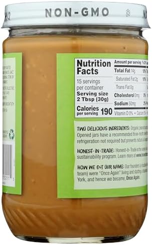 Once Again Organic Crunchy Peanut Butter, 16oz - Lightly Salted, Unsweetened - USDA Organic, Gluten Free Certified, Vegan, Kosher - Glass Jar
