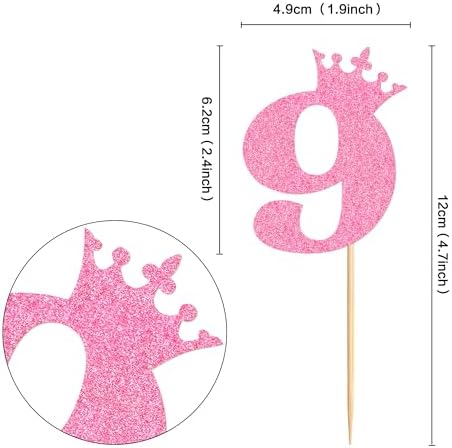 Ercadio 24Pcs Number 9 Cupcake Toppers 9th Birthday Cupcake Toppers Glitter Pink Crown Number 9 Cupcake Picks for Princess Girl 9th Birthday Baby Shower Anniversary Party Cake Supplies