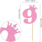 Ercadio 24Pcs Number 9 Cupcake Toppers 9th Birthday Cupcake Toppers Glitter Pink Crown Number 9 Cupcake Picks for Princess Girl 9th Birthday Baby Shower Anniversary Party Cake Supplies
