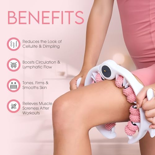 Cellulite Massage Roller, Fascia Blaster, Lymphatic Drainage Massager, Relieve Muscle Soreness, Body Sculpting Tool with Detachable Handles for Thighs, Legs, Buttocks, Gift Exfoliating Brush (Pink)