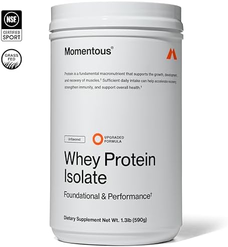 Momentous Essential Grass-Fed Whey Protein Powder - 20 g Whey Isolate Protein - NSF Certified for Sport - Gluten-Free - 25 Servings for Essential Everyday Use - Unflavored - Package May Vary