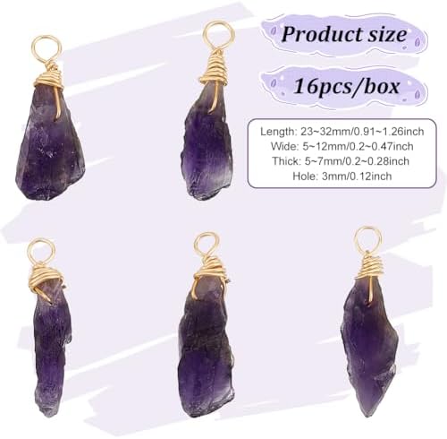 FINGERINSPIRE 16pcs About 28mm Natural Amethyst Pendant Bulk Irregular Amethyst Charms Raw Amethyst Copper Wire Wrapped Pendants Natural Stone Healing Crystal Gemstone Charm for Jewelry Making