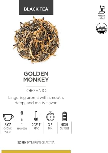 Teabloom Organic Golden Monkey Loose Leaf Tea, USDA Certified Organic Black Tea, Lingering Aroma with Smooth and Malty Flavor, 2.12 Ounce Loose Leaf Tea Canister Makes 35-50 Cups