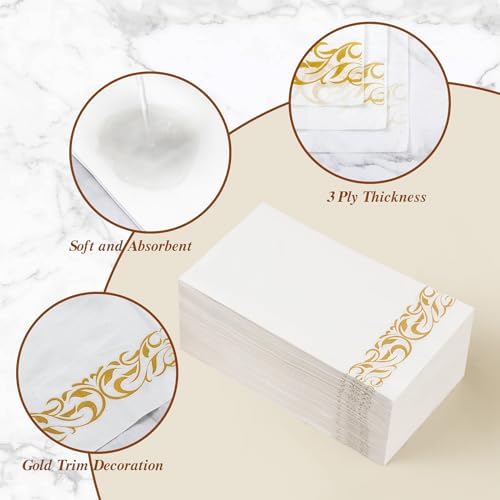 BESTVIP 200 Pack Disposable Paper Napkins, 3-Ply Dinner Napkins with Gold Trim for Guests, Bathroom Paper Hand Towels Soft and Absorbent, Perfect for Kitchen, Dinner, Party, Wedding or Event