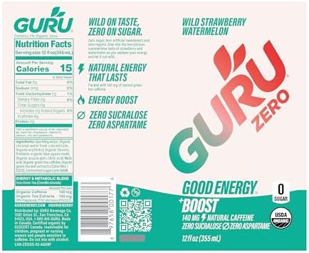 GURU ZERO SUGAR Wild Strawberry Watermelon Organic Energy Drinks, Clean Energy Drink with Plant Based Natural Caffeine from Green Tea, Coconut Water, Prebiotic, Zero Added sugars, Gluten Free and Vegan, Pre Workout, Healthy Drinks, 12oz (Pack of 24)